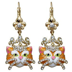 Ritzy Couture Princess Kitty Drop Leverback Cat Earrings (Goldtone)